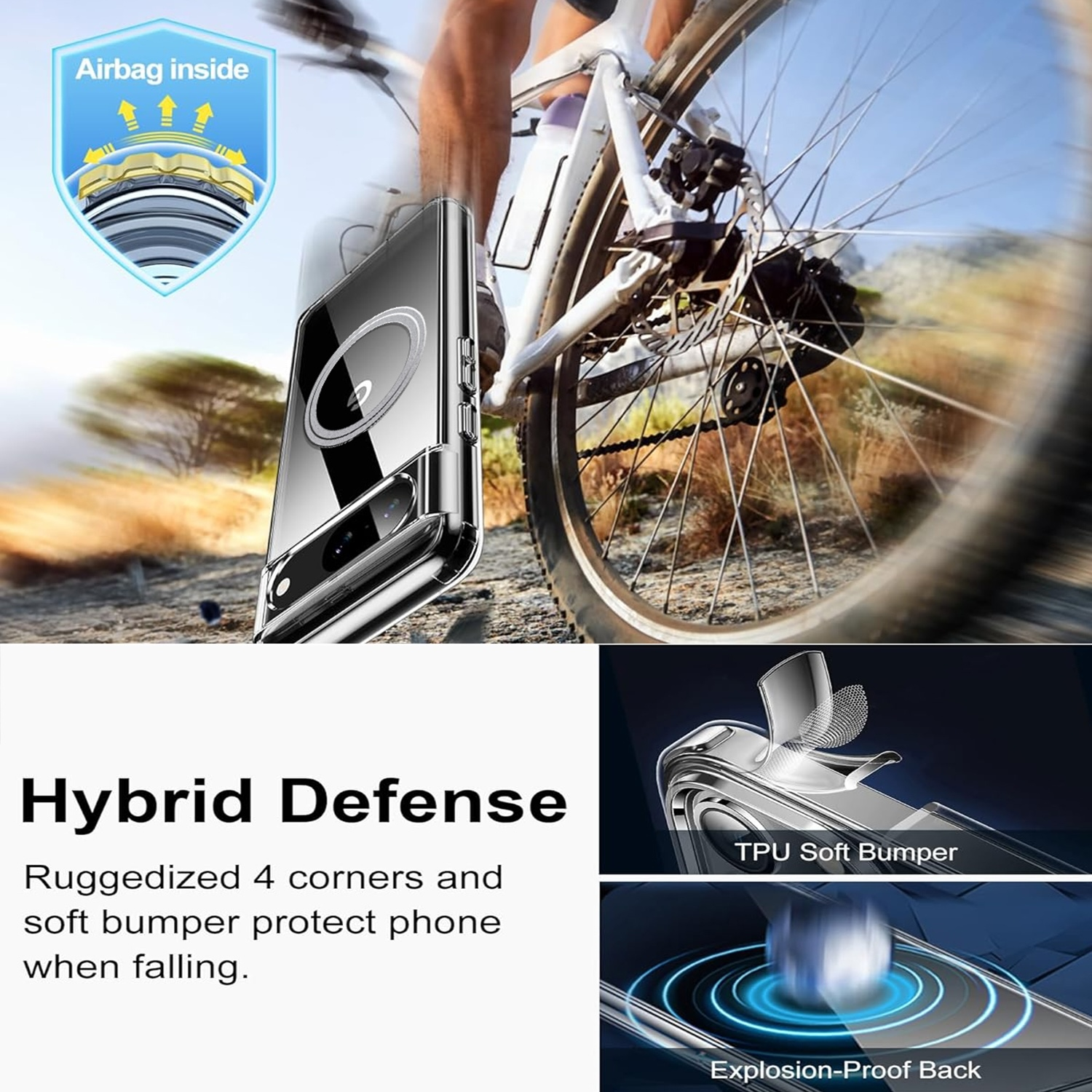 Transparente Handyhülle auf einem Fahrradrad mit Text: Hybrid Defense, verstärkte 4 Ecken, TPU-Soft-Stoßfänger.