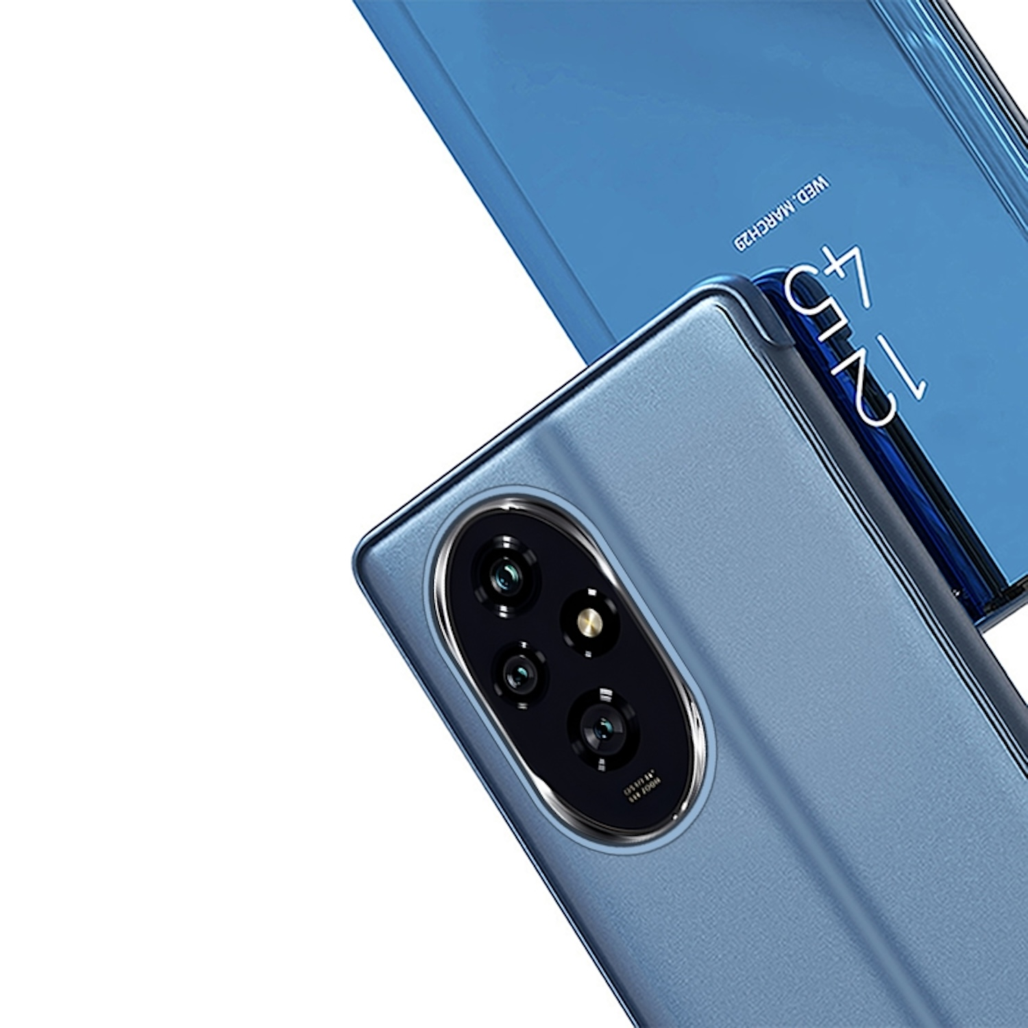 Eine blaue Handyhülle mit Kamera-Erhebung und einem blauen Bildschirm oben.