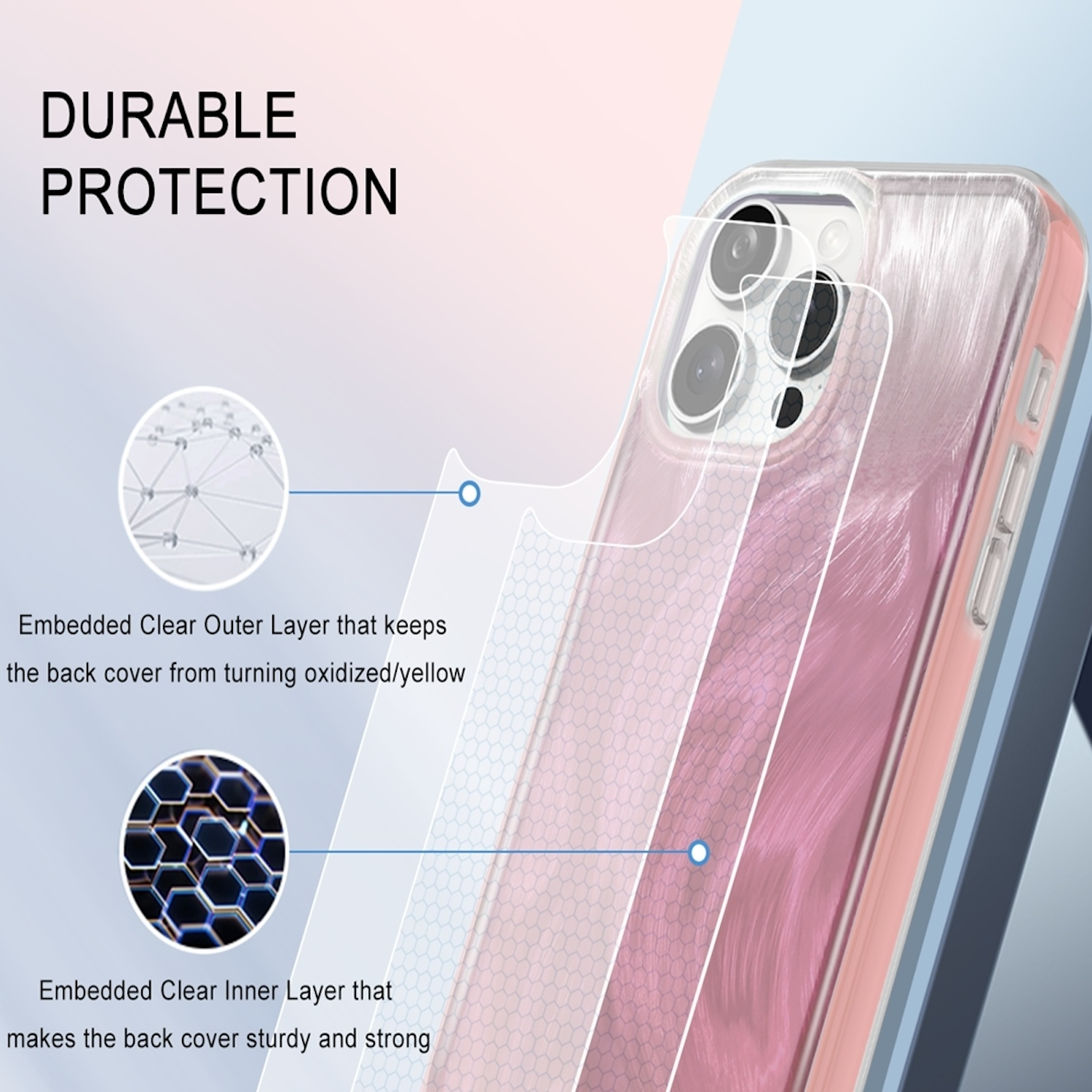 Handyhülle mit Schutzschichten. Klare äußere und innere Schichten schützen ein rosa Design.