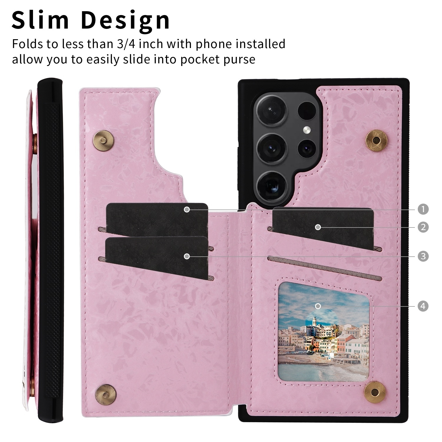 Rosa Handyhülle im Brieftaschenstil, mit Kartenfächern und einem Bild.