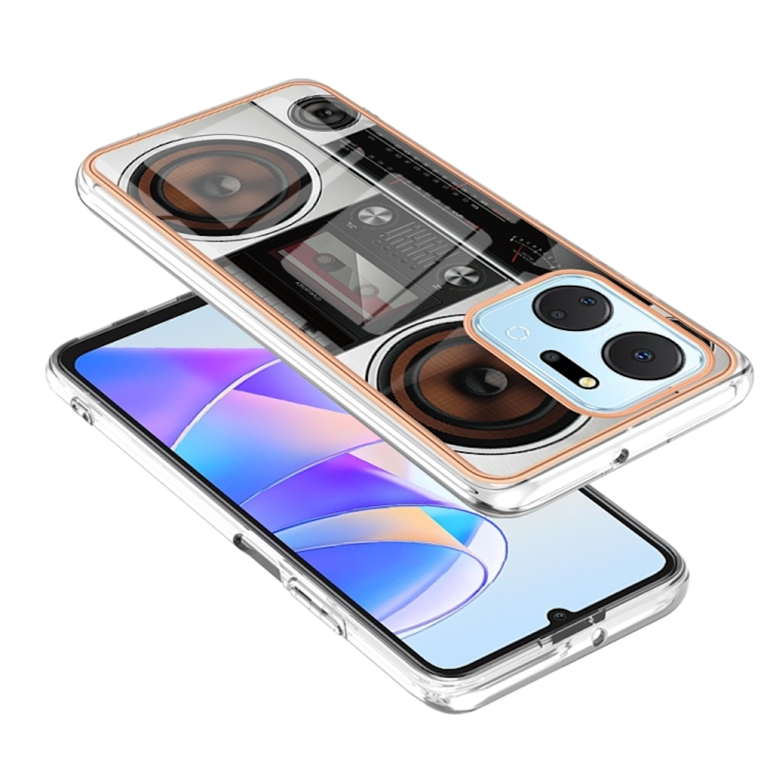 Klare Handyhülle mit Lautsprecherdesign. Die Hülle befindet sich über einem anderen Telefon. Hintergrund: Weiß.