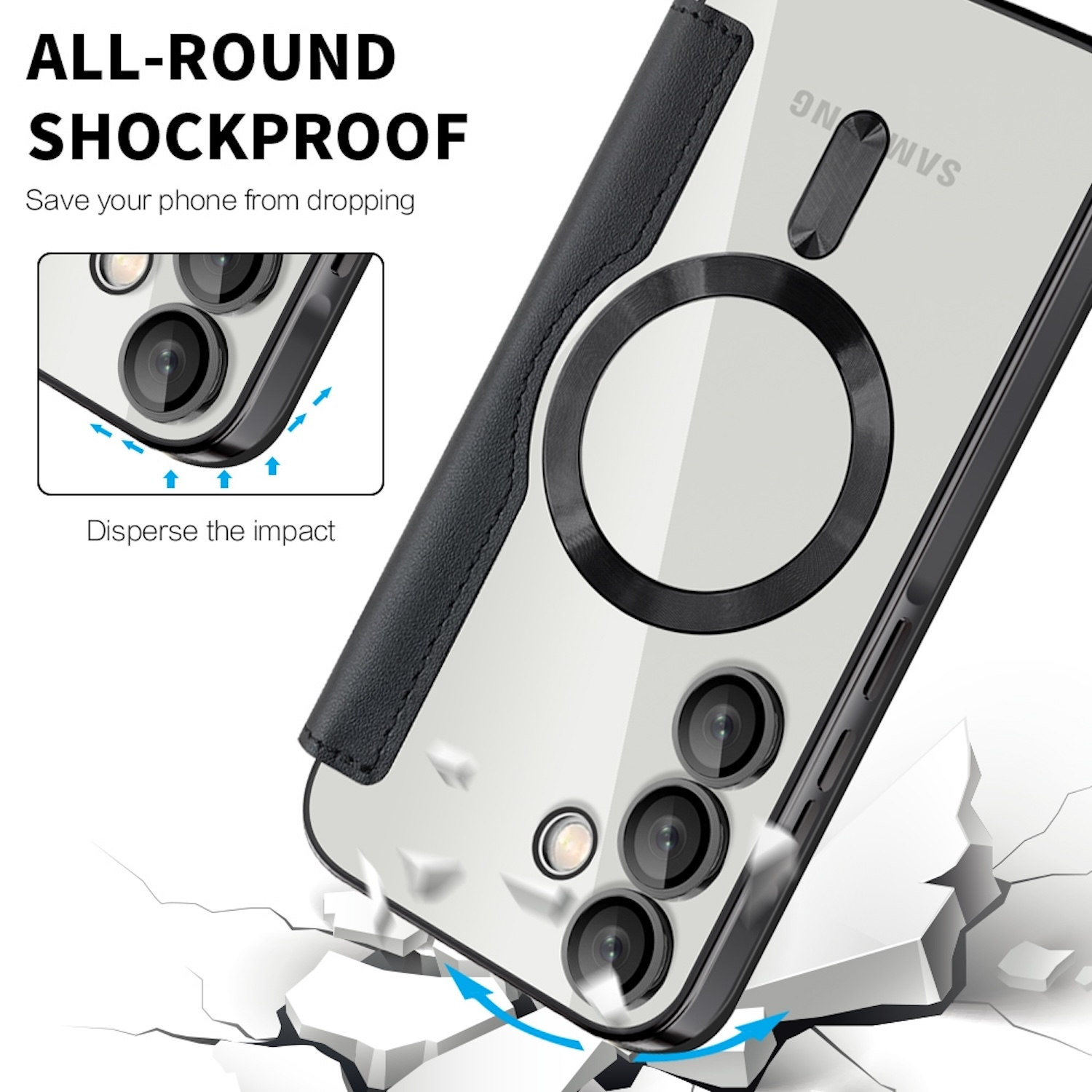 Funda de teléfono sobre suelo agrietado. Texto: A prueba de golpes. Inserción: Absorción de impactos.