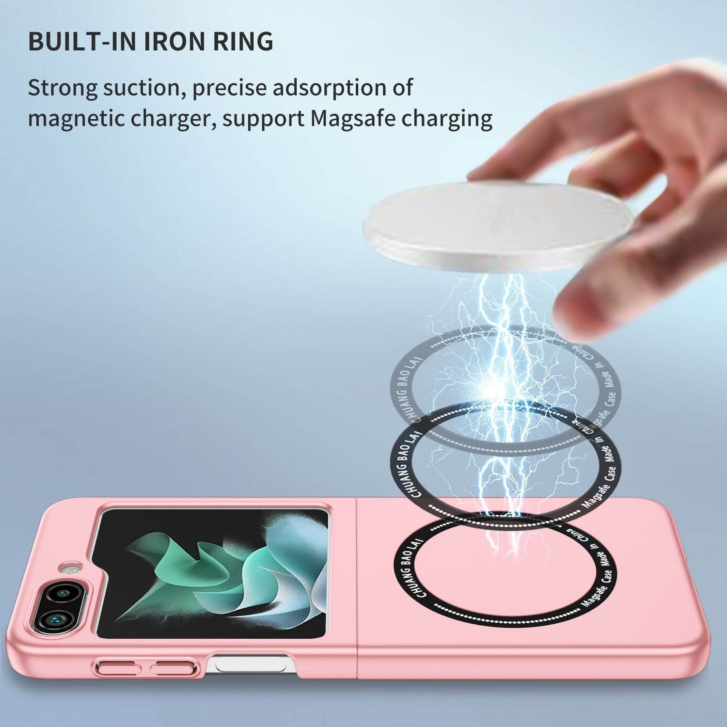 Ein pinkes Telefon mit Hülle wird kabellos geladen. Der Text lautet: "Built-in iron ring".