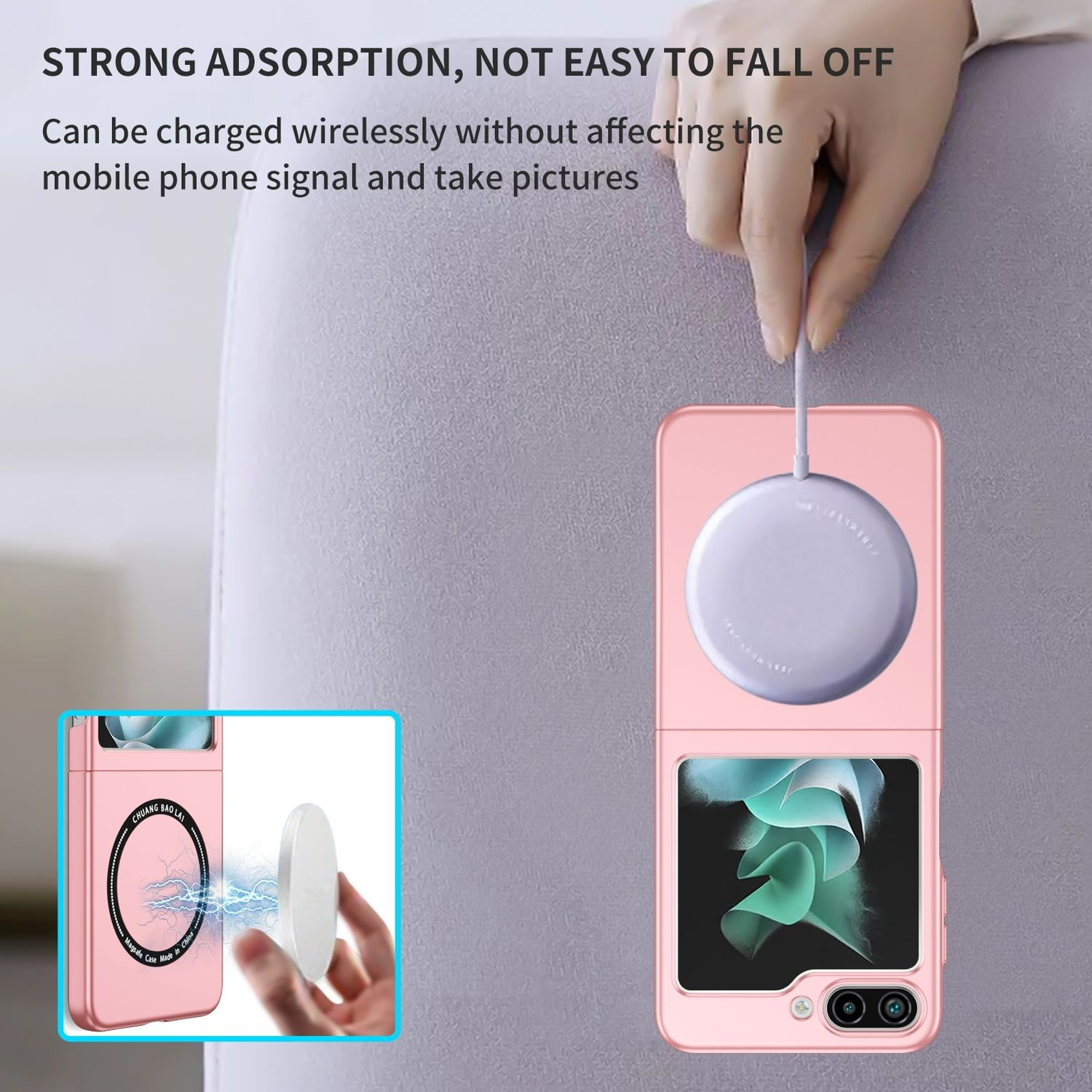 Ein rosa Telefon mit einem magnetischen Ladegerät, das kabelloses Laden und starke Adsorption zeigt.