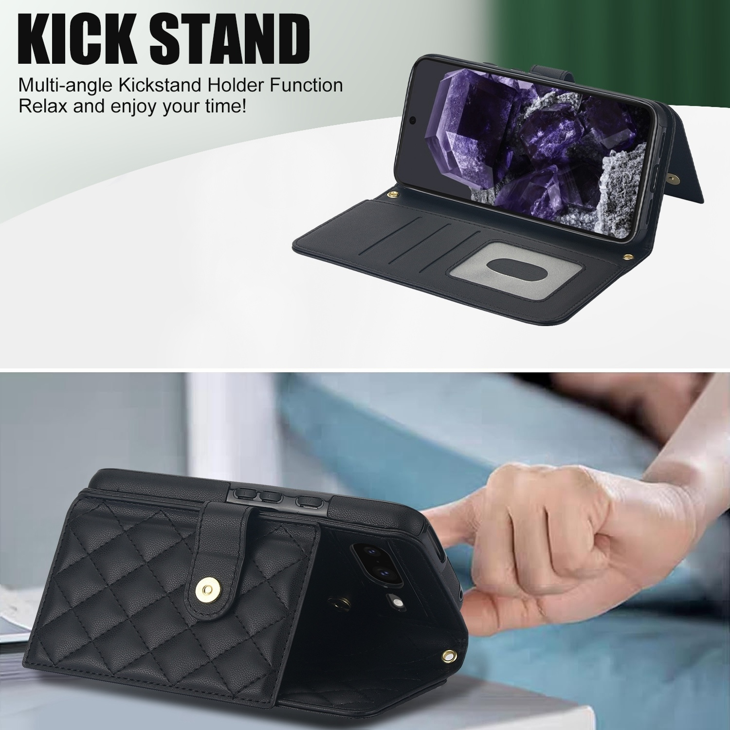Schwarze Handyhülle mit Ständerfunktion, die ein Telefon mit Bild hält.
