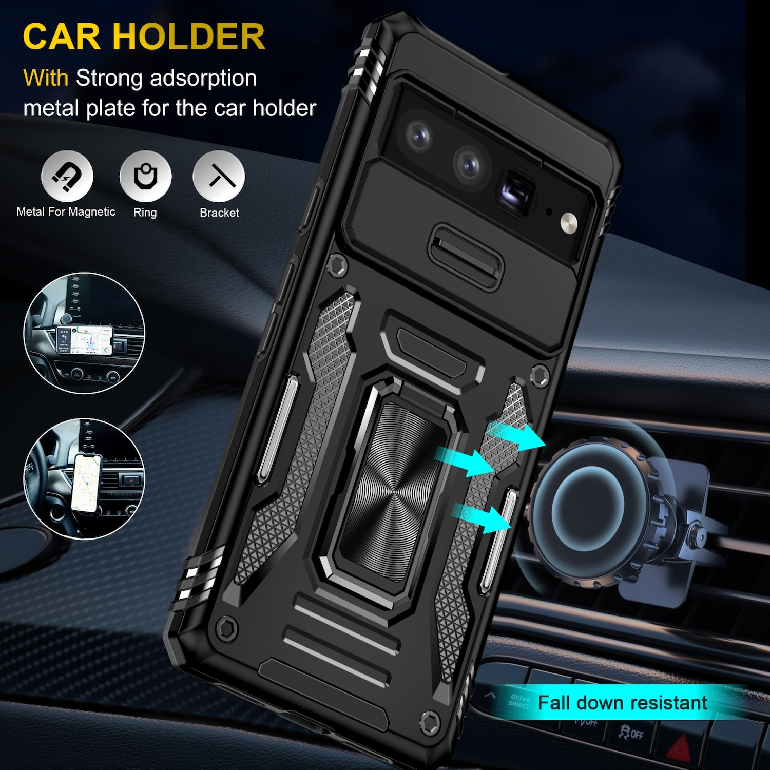 Schwarze Handyhülle in einem Auto. Die Hülle ist in der Lüftung des Autos montiert, mit Ring.