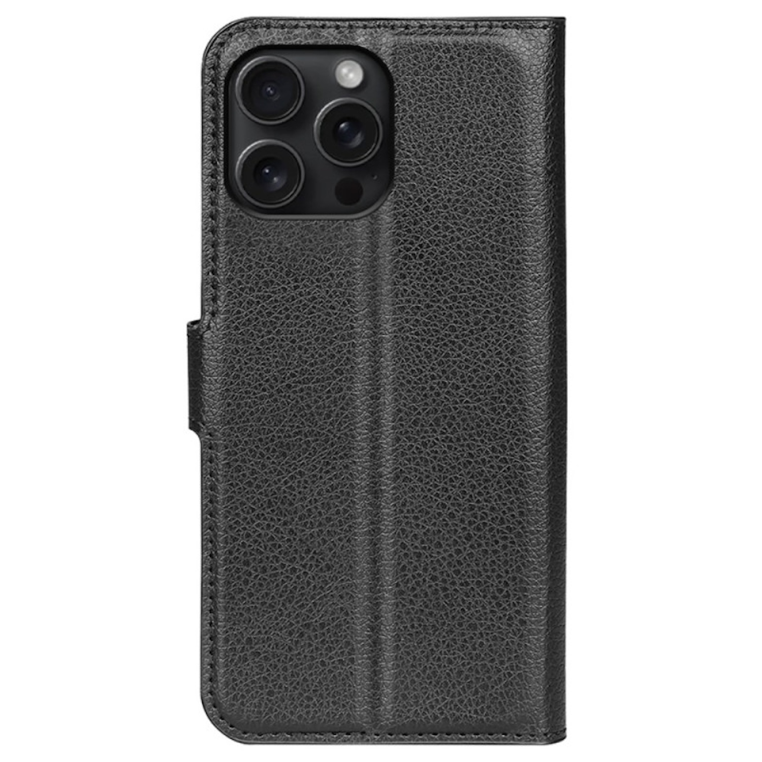 Funda de teléfono de cuero negro con tres lentes de cámara. La funda está cerrada.