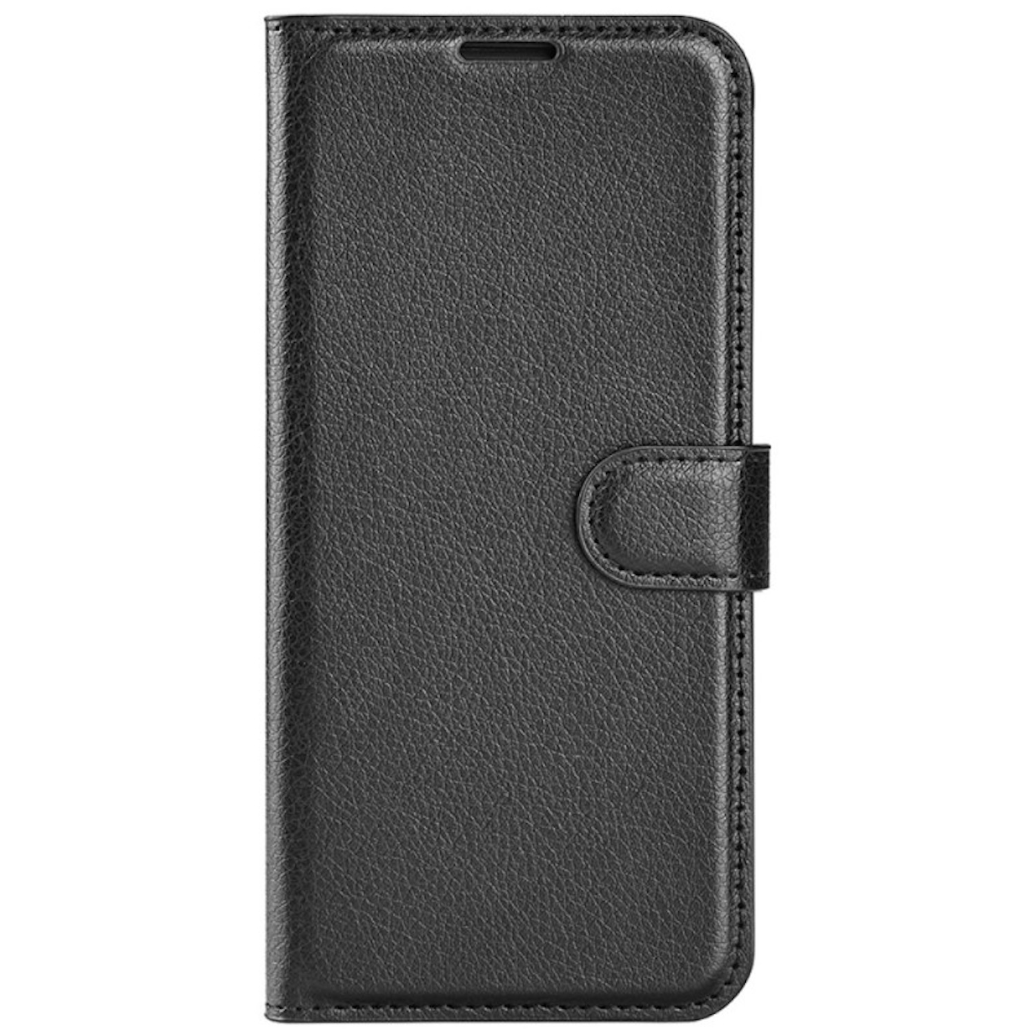 Funda de cuero negra para teléfono, cerrada. Es una funda tipo folio con cierre de lengüeta.