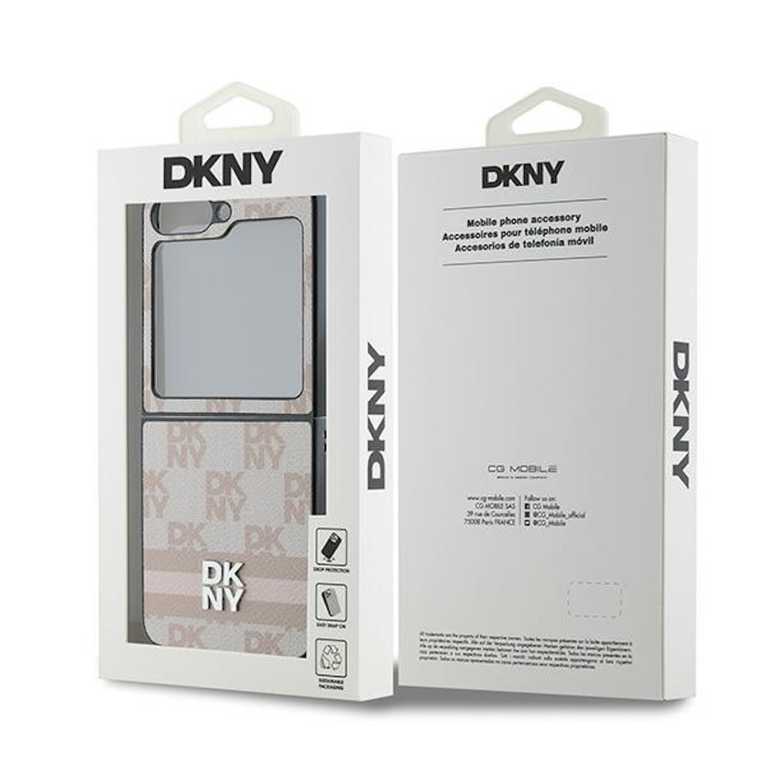 Scatola della custodia del telefono DKNY. La custodia è beige con loghi DKNY. Sfondo bianco. La scatola è aperta.