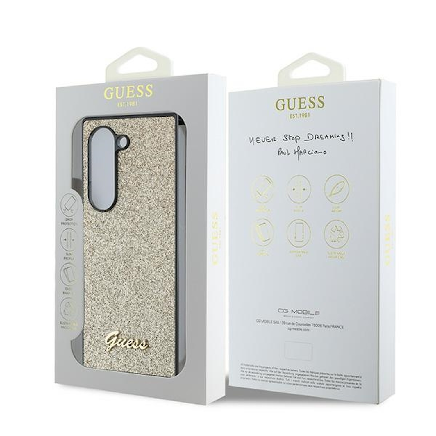 Custodia Guess per telefono in una scatola. La custodia è dorata, la scatola è bianca con il logo Guess.