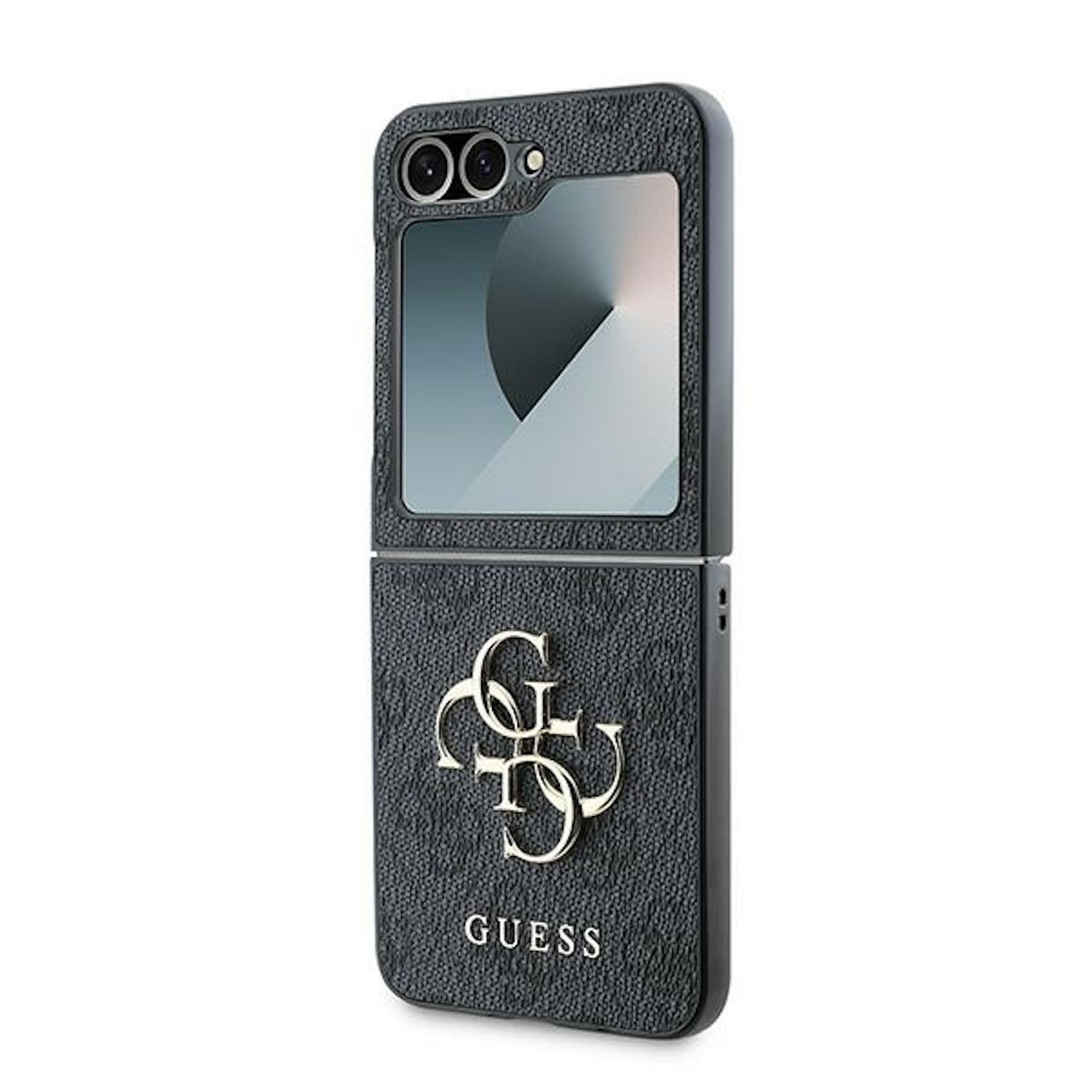 Una custodia per telefono nera con il logo Guess, aperta. Lo schermo del telefono è visibile.