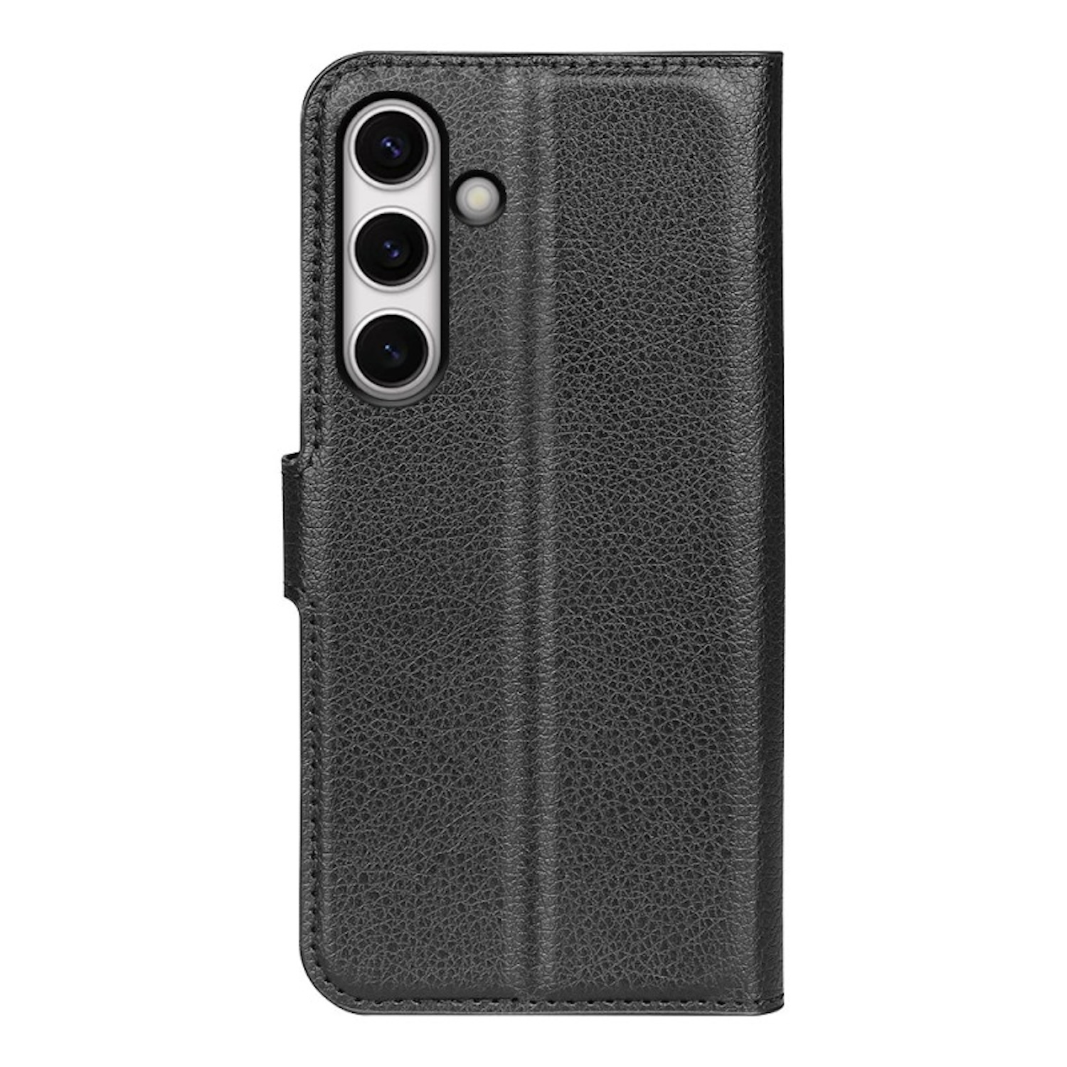 Funda de teléfono negra con textura de cuero. La funda está abierta sobre fondo blanco.