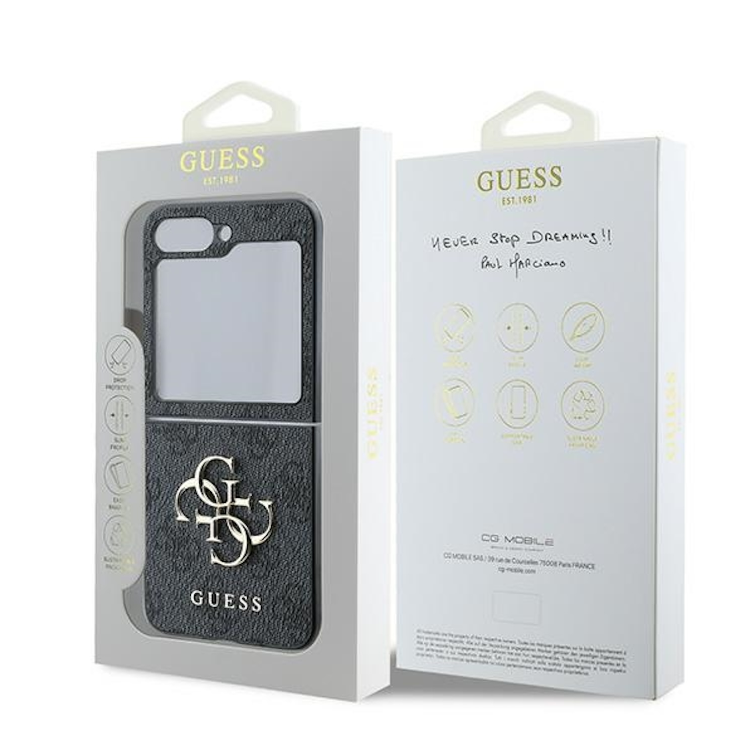Scatola della custodia del telefono GUESS. La custodia è nera con loghi GUESS. Sfondo bianco. La scatola è aperta.