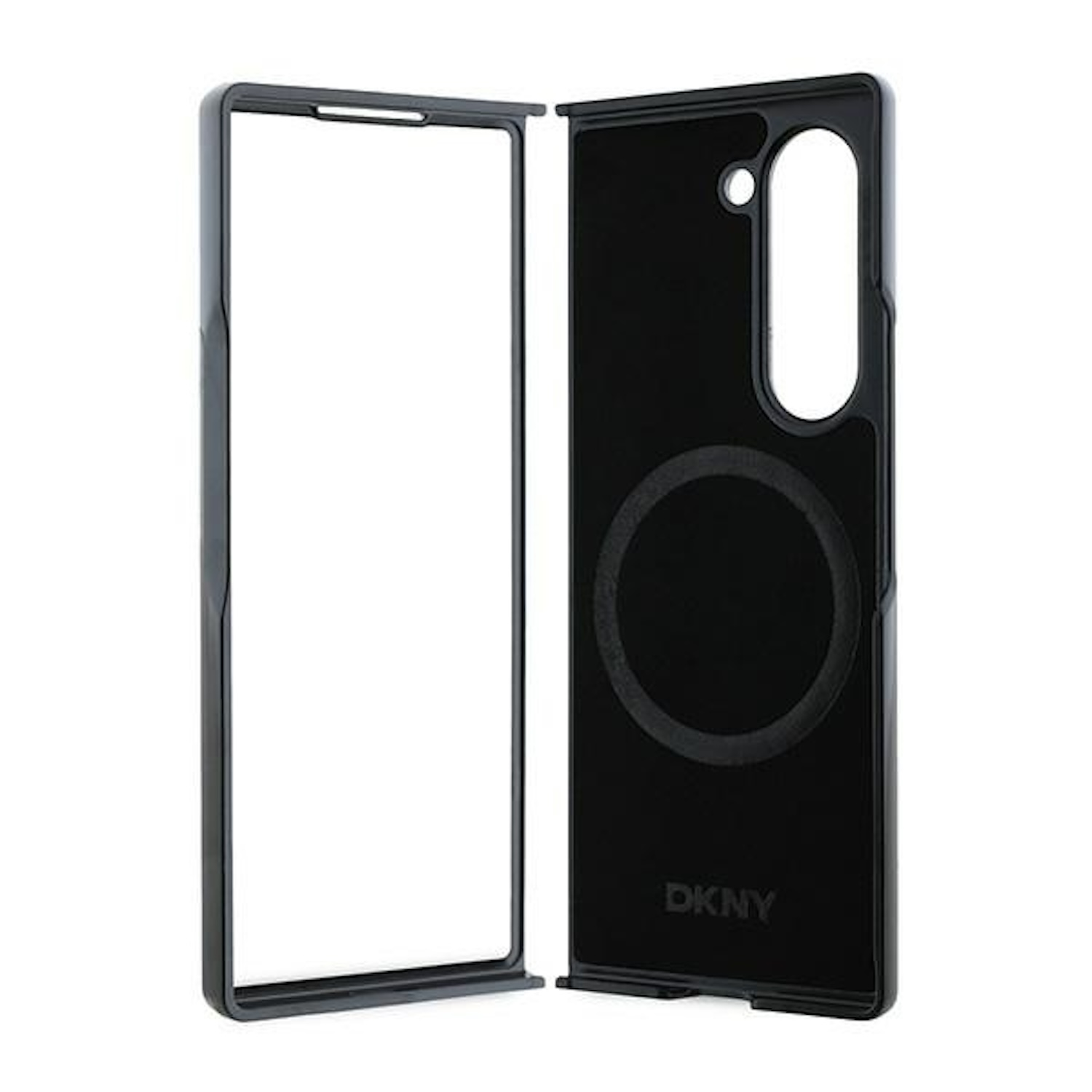 Una custodia per telefono DKNY, aperta. La custodia è nera, con un cerchio. L'altra parte è una cornice.