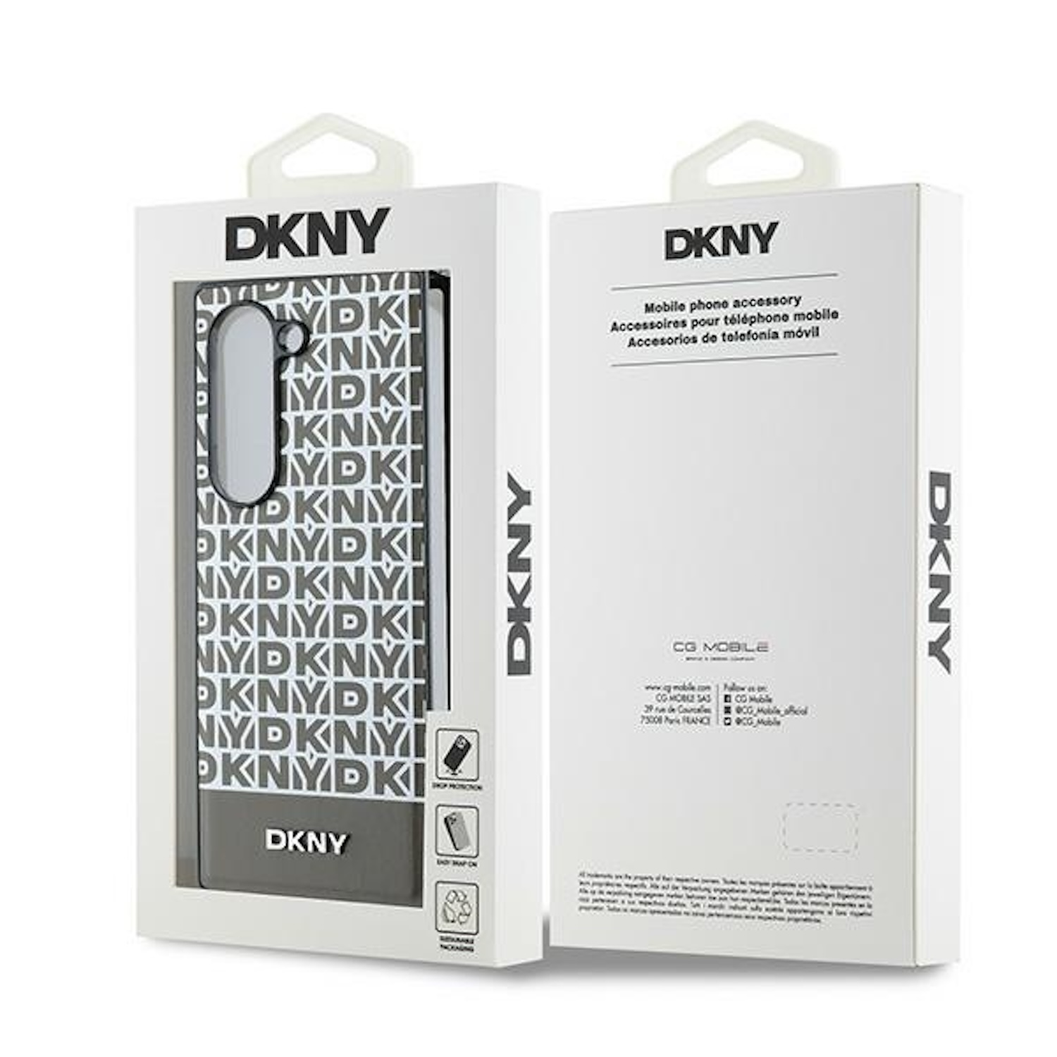 Custodia per telefono DKNY in una scatola bianca. La custodia ha loghi DKNY. La scatola ha il marchio DKNY.