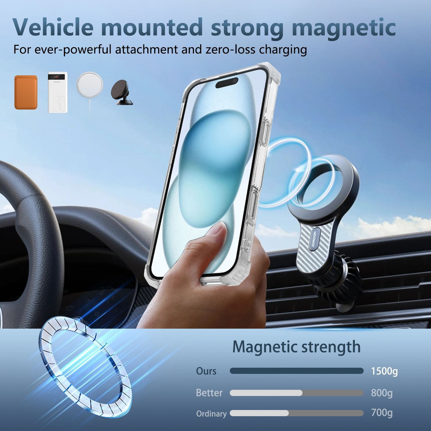 Ein Telefon in einer Hülle, das in einem Auto mit Magnetbefestigung montiert ist.