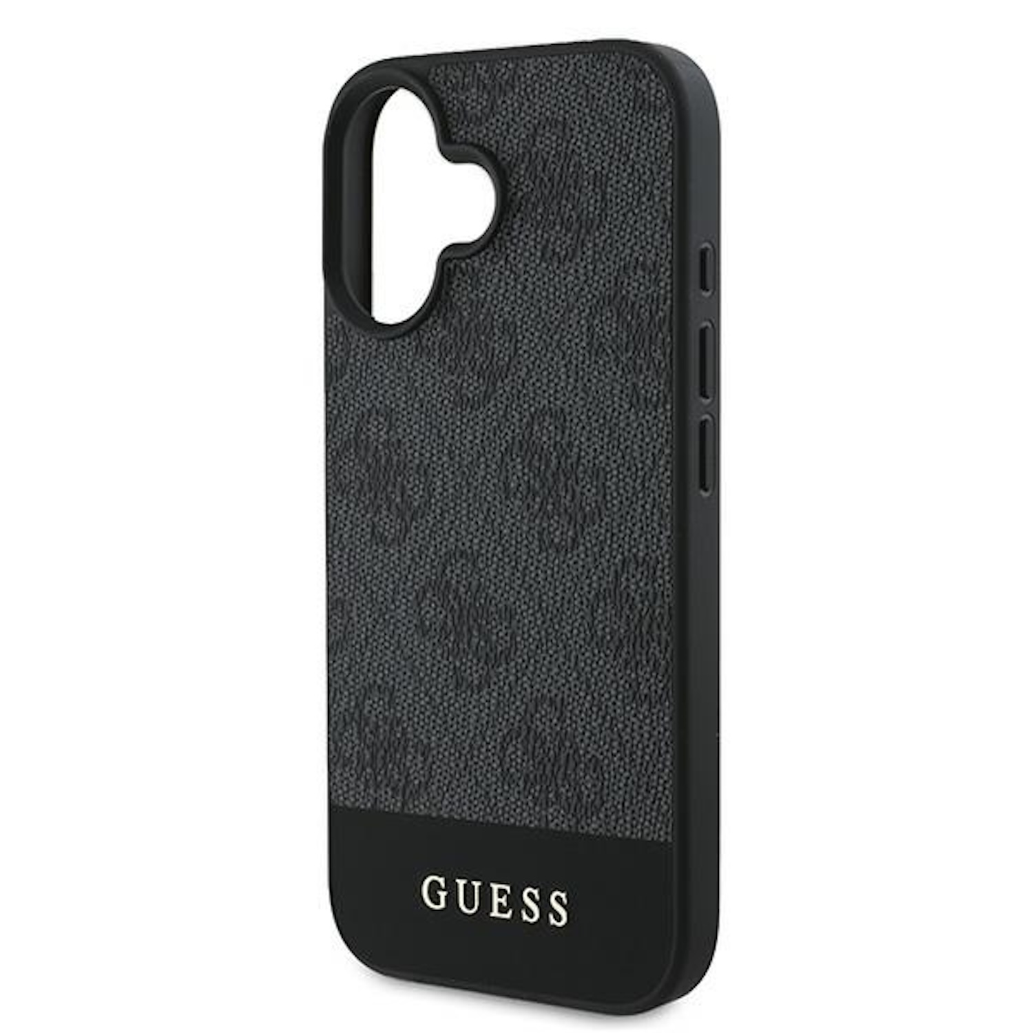 Schwarze Guess-Handyhülle mit strukturiertem Muster. Das Guess-Logo befindet sich unten.
