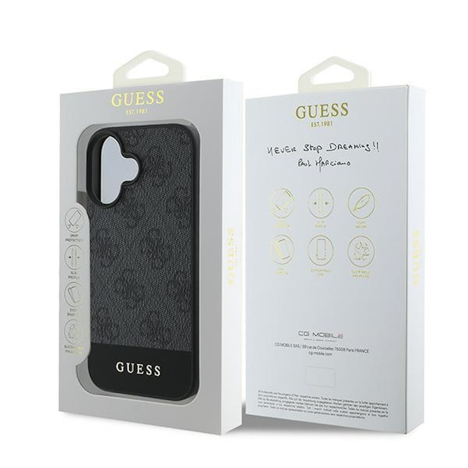 Telefonkasten. Graue Hülle mit Guess-Logo. Box hat Guess-Logo, Text und Zeichnungen.