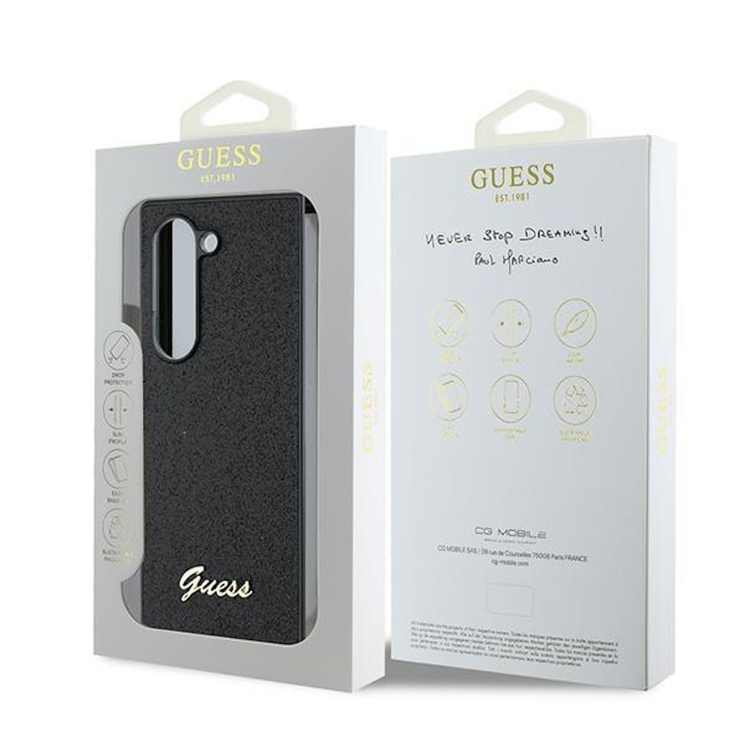 Due scatole bianche di custodie per telefono Guess. Una aperta con una custodia nera all'interno. L'altra ha una nota manoscritta.