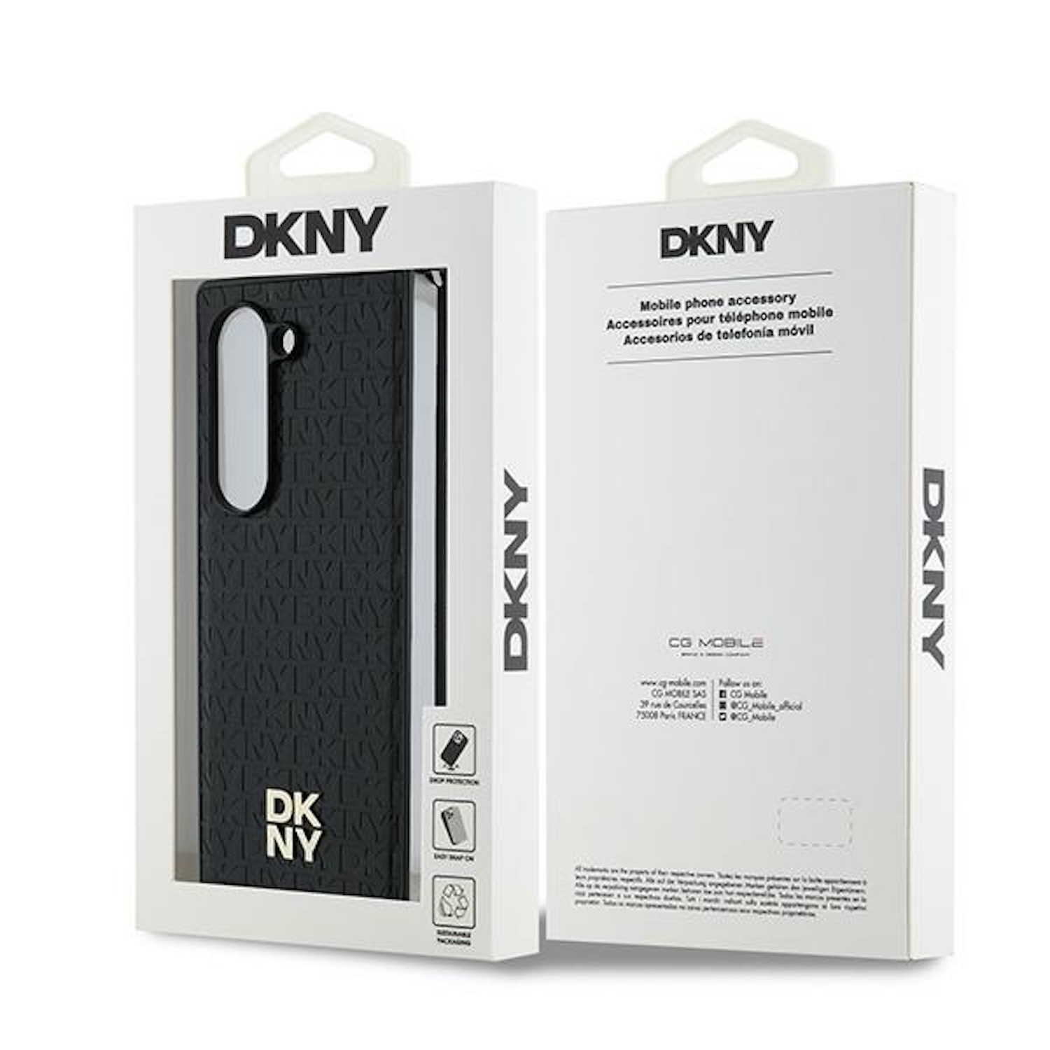 Una custodia per telefono in una scatola. La custodia è nera con un motivo con logo DKNY.