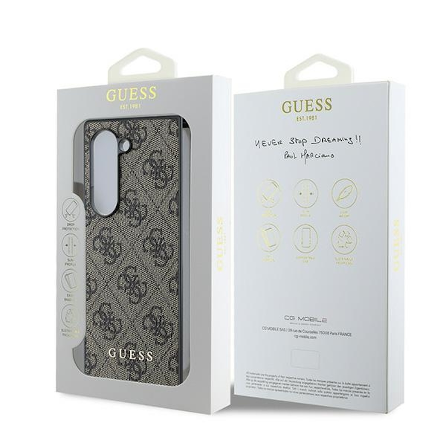 Scatola per custodia Guess, con custodia a fantasia e nota manoscritta.