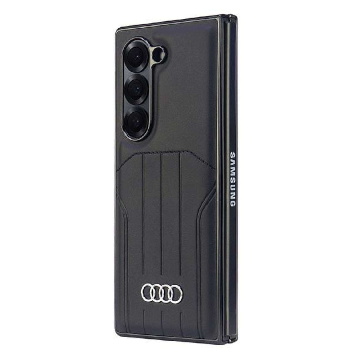 Custodia per telefono Audi Samsung nera piegata, con un logo sul retro.
