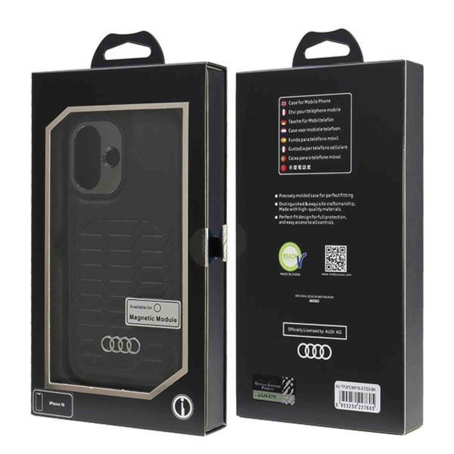 Scatola per custodia per telefono Audi nera, vista anteriore e posteriore, con custodia e logo.