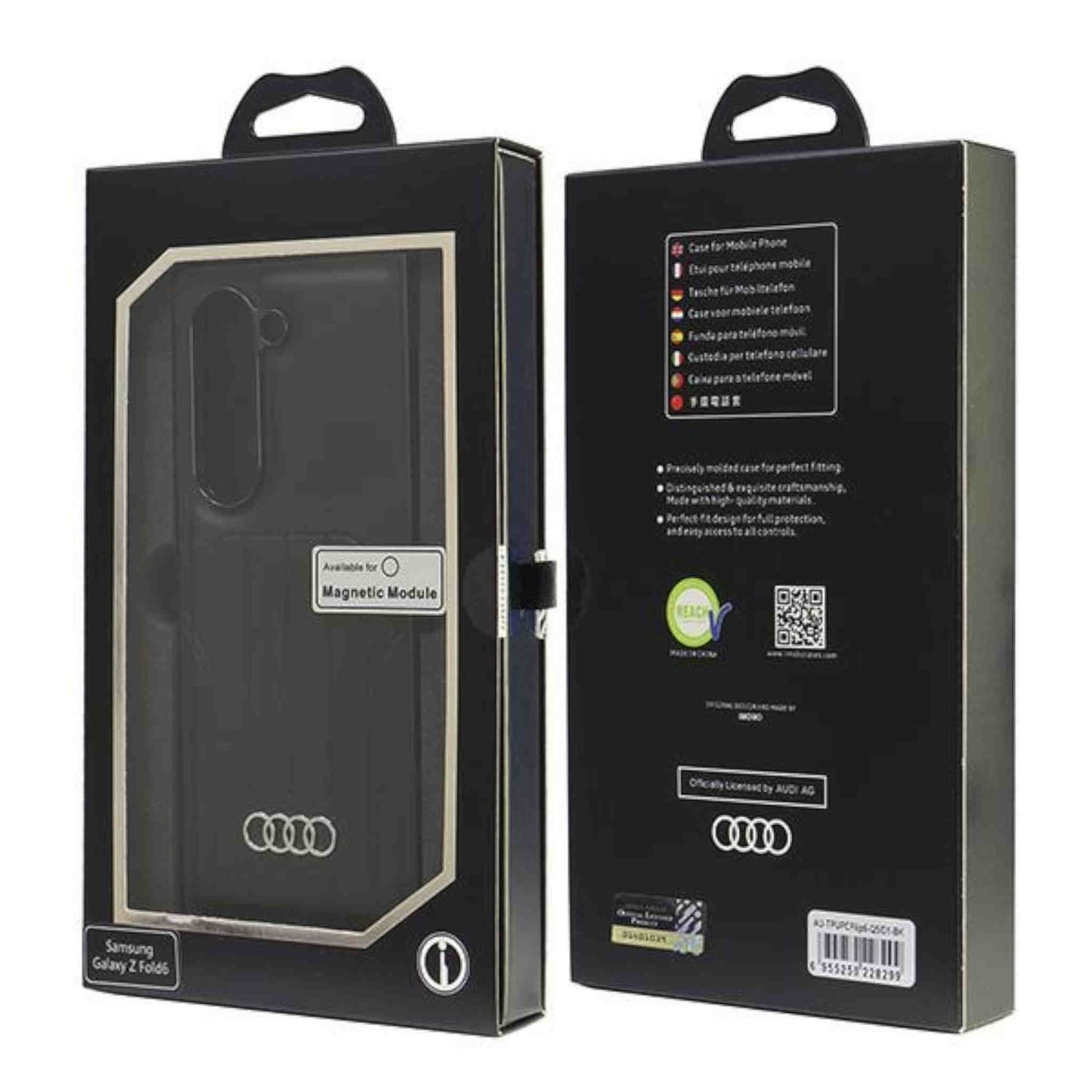 Scatola nera per custodia per telefono, con dettagli del prodotto e logo Audi.