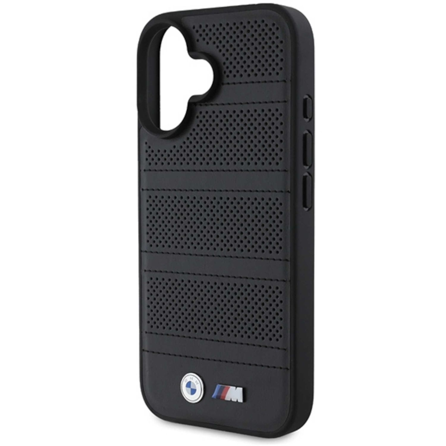 Custodia nera con design perforato, logo BMW e logo M.