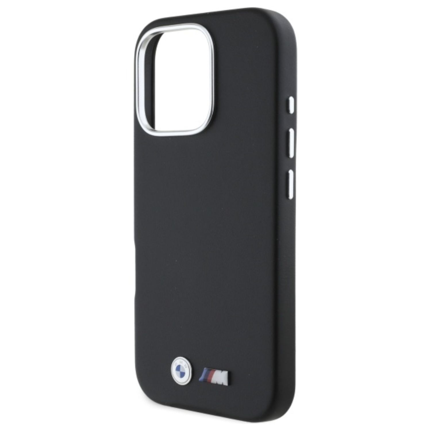 Custodia nera per telefono con logo BMW. Bordo argento attorno alla fotocamera. Tre pulsanti bianchi.