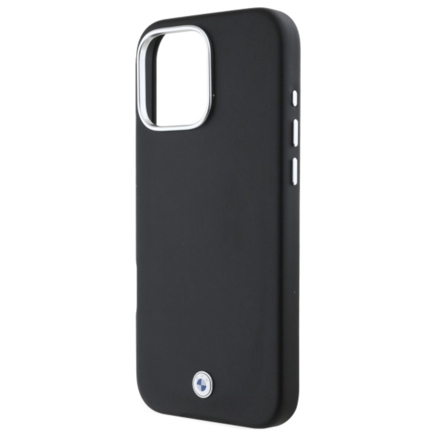 Custodia nera per telefono. Bordo argento attorno alla fotocamera. Tre pulsanti bianchi. Logo BMW sotto.