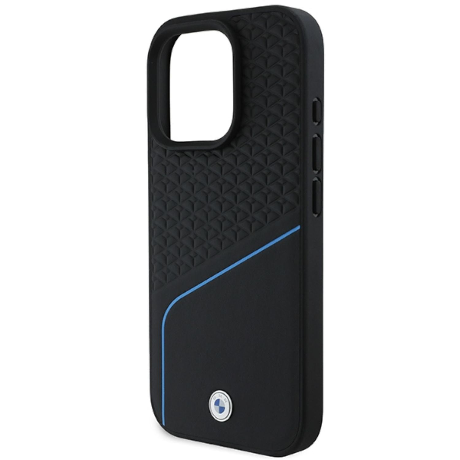 Custodia nera con striscia blu e logo BMW.
