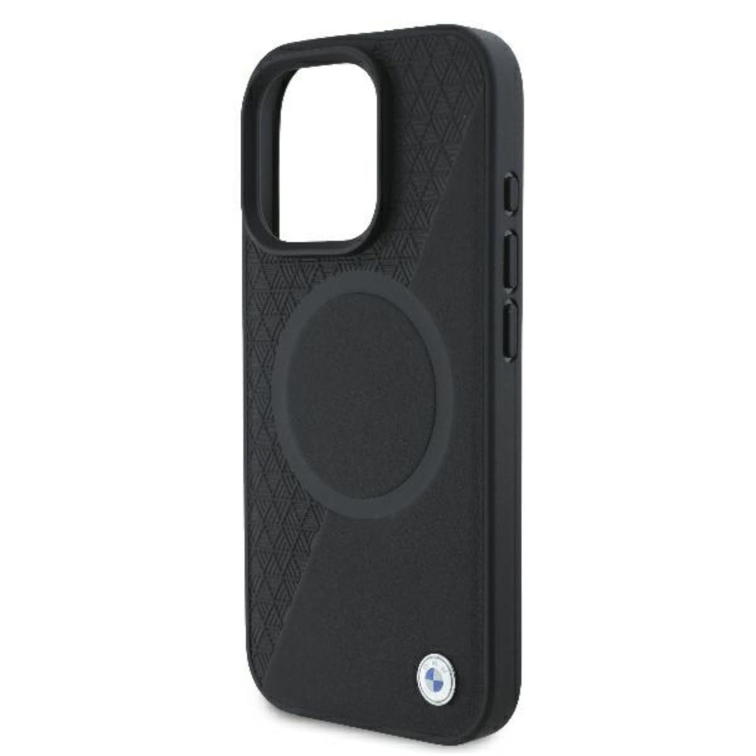 Custodia nera con motivo a diamante. Foratura circolare. Logo BMW in basso. Anello nero.
