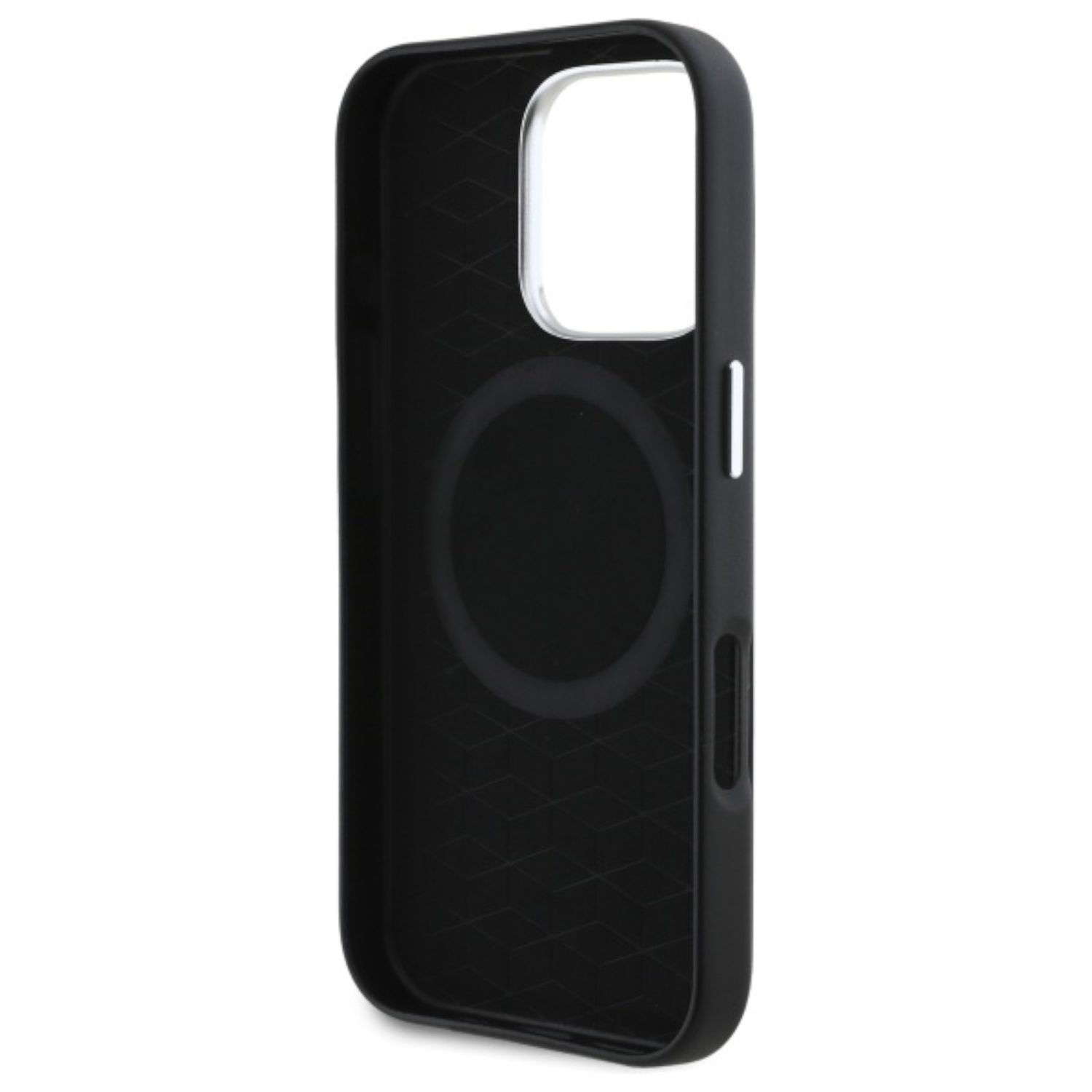 Custodia per telefono nera con un ritaglio per la fotocamera.