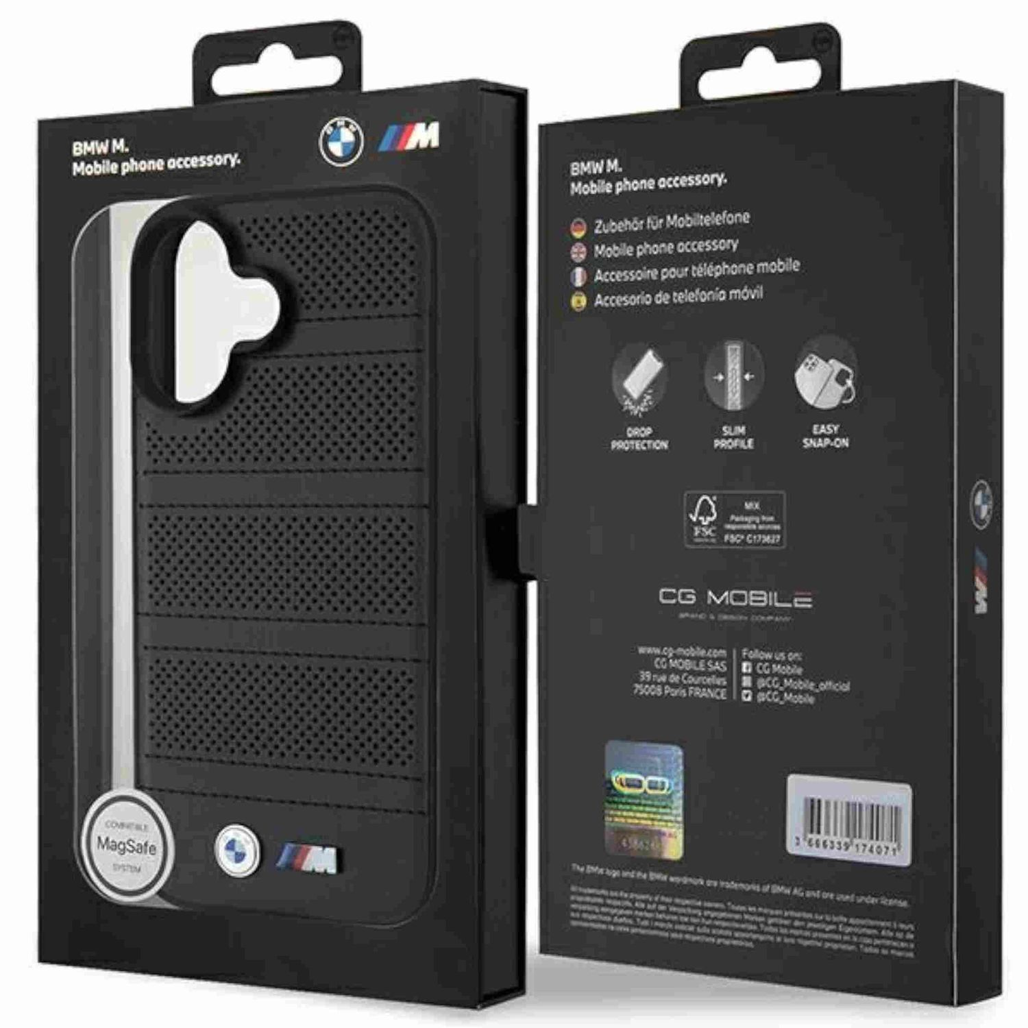 Custodia nera in scatola. Design a griglia. Scatola con logo BMW. Sfondo bianco.