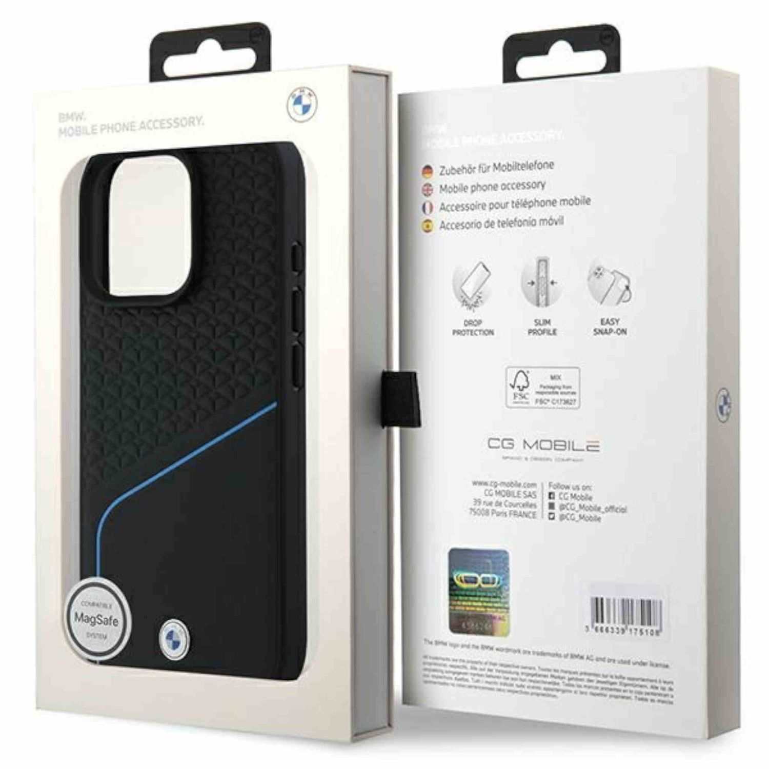 Custodia nera con design blu e nero, all'interno di una scatola bianca, con testo.