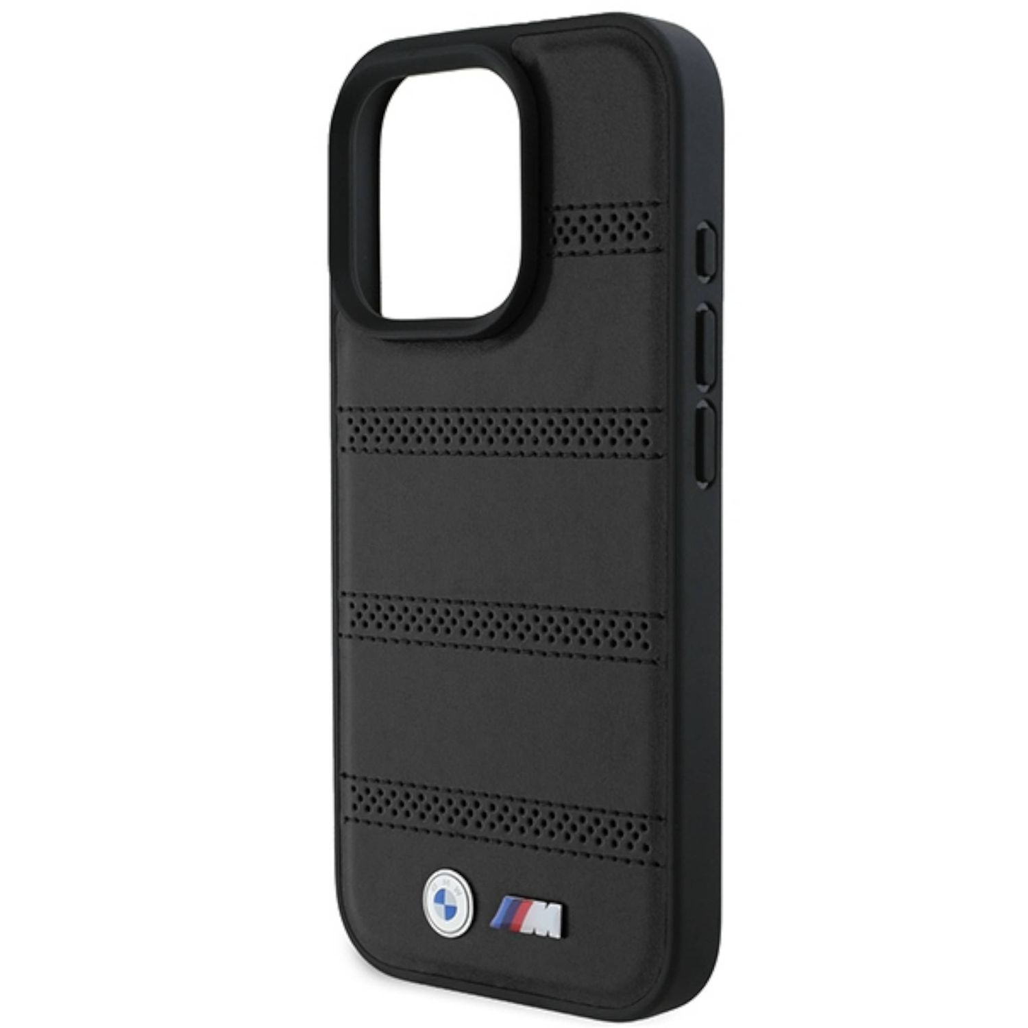 Custodia nera con linee orizzontali perforate e logo BMW.