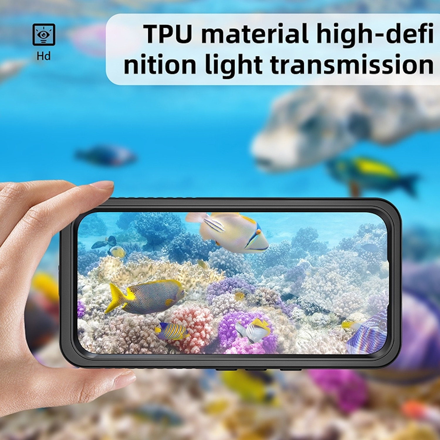 Hand hält ein Telefon mit Unterwasserszene. Text: TPU-Material, hochauflösende Lichtdurchlässigkeit. Bunte Fische.