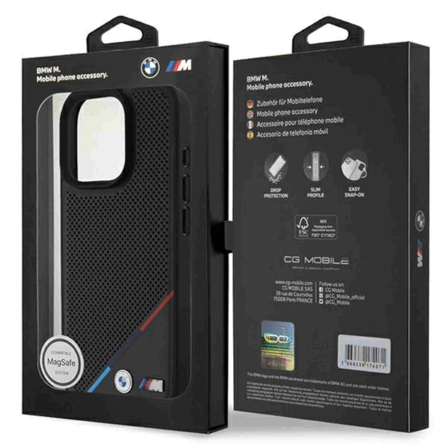 Custodia nera in scatola con marchio BMW.