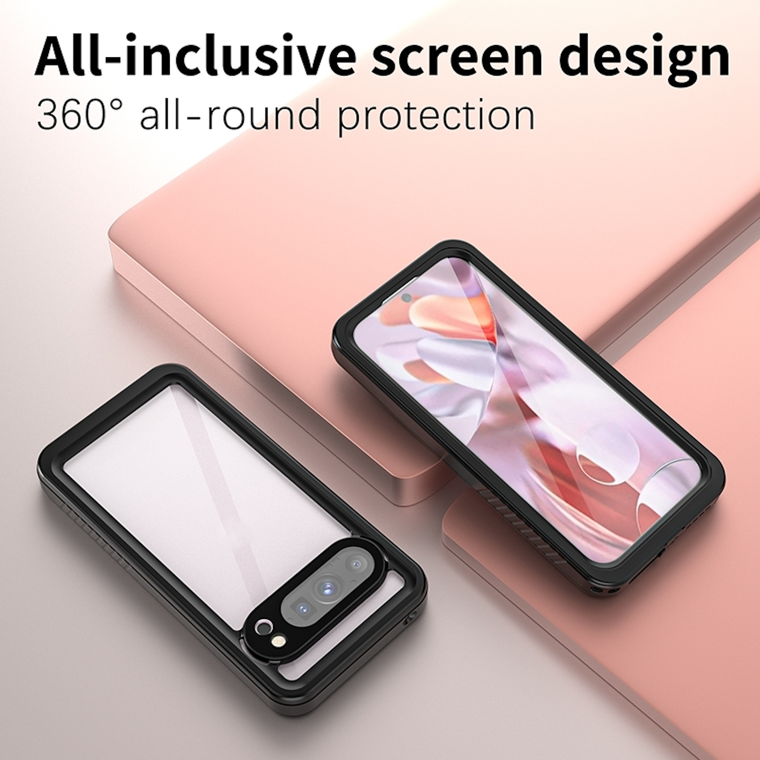 Zwei Telefone in transparenten Hüllen. Text: Rundum-Bildschirmdesign. 360° Rundumschutz. Rosa Hintergrund.
