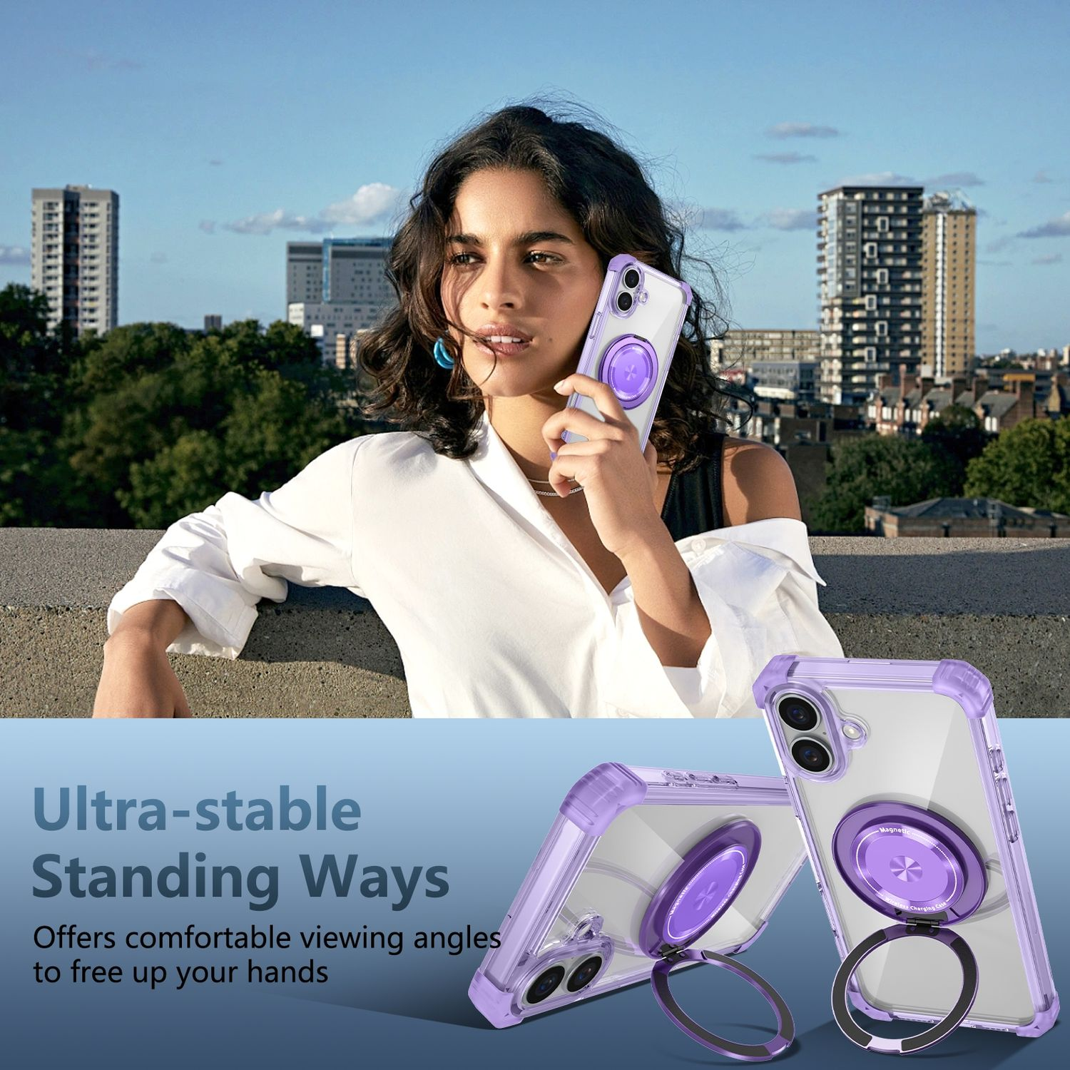 Mujer sosteniendo un teléfono con funda morada, edificios al fondo y las palabras 'Ultra-stable'.
