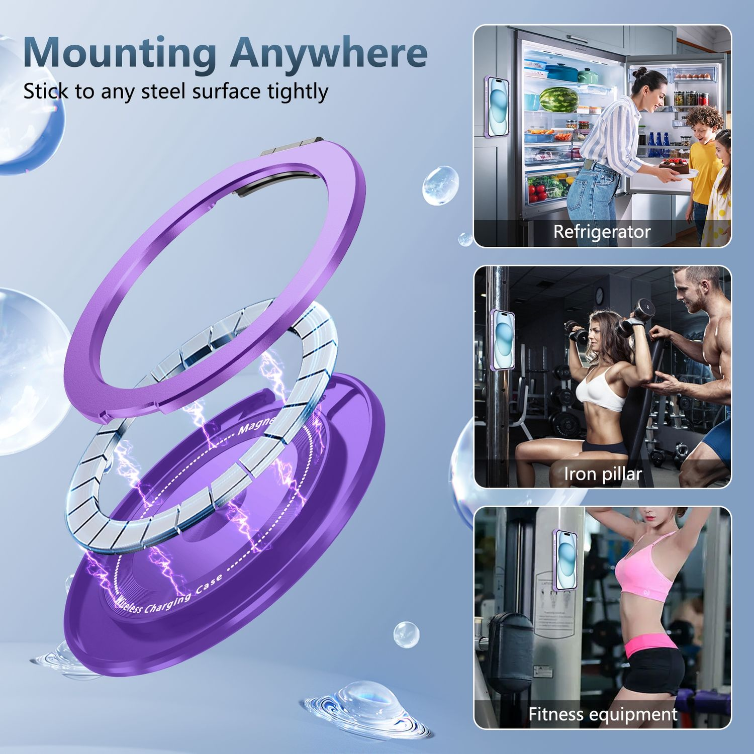 Funda morada con anillo, mostrada en varias superficies, incluyendo una nevera y equipos de gimnasio.