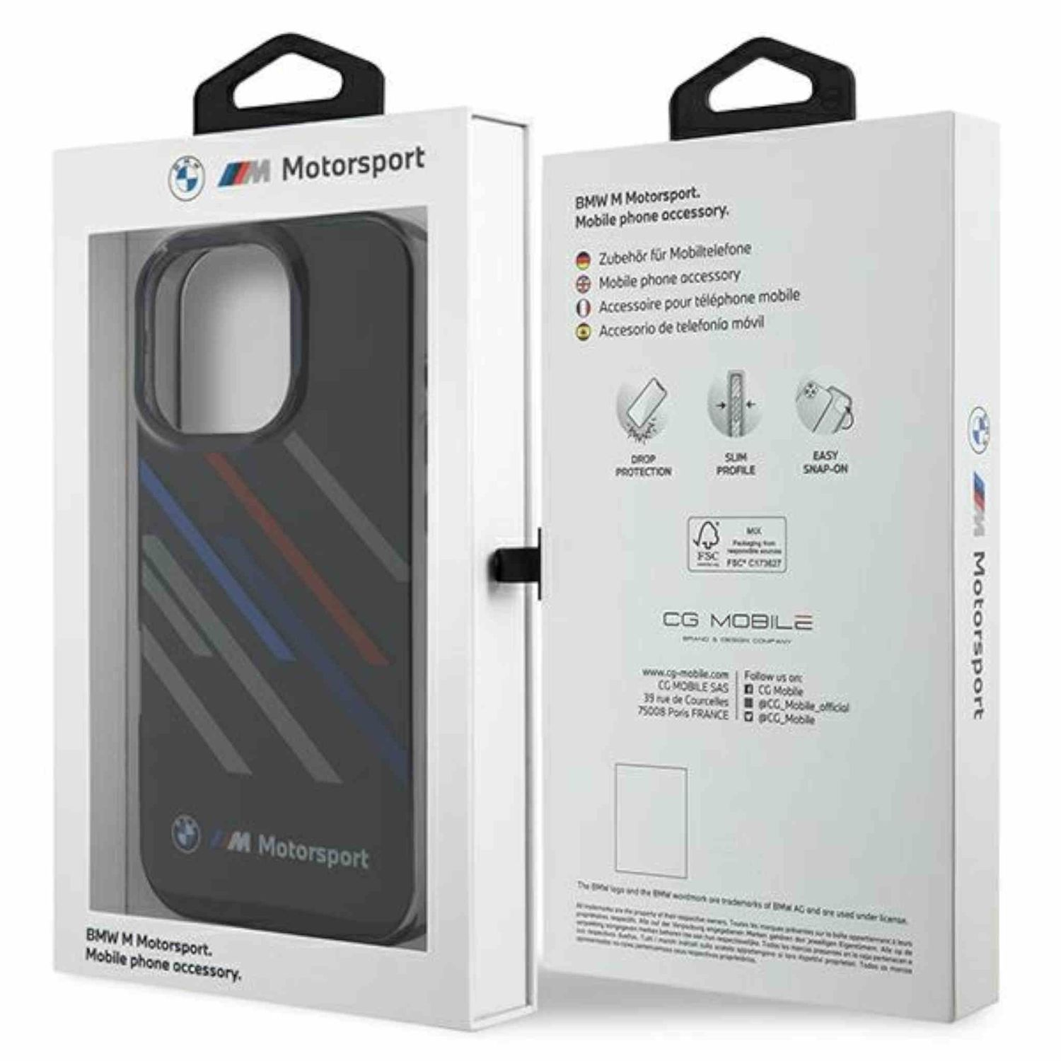 Scatola bianca con custodia per telefono con marchio BMW.