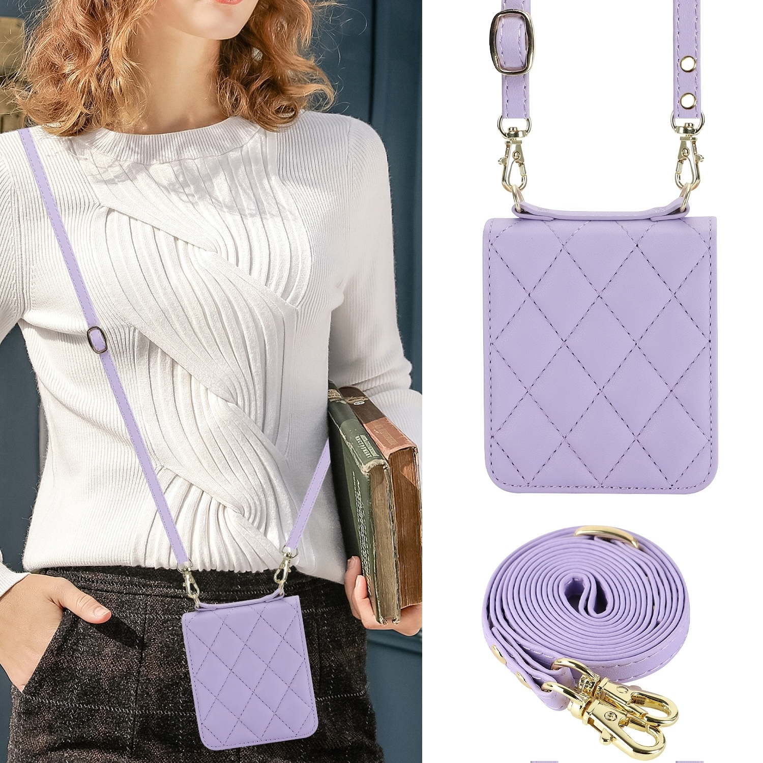 Mujer con funda lila para teléfono con correa, sosteniendo un libro. Imágenes adicionales de la funda y la correa.