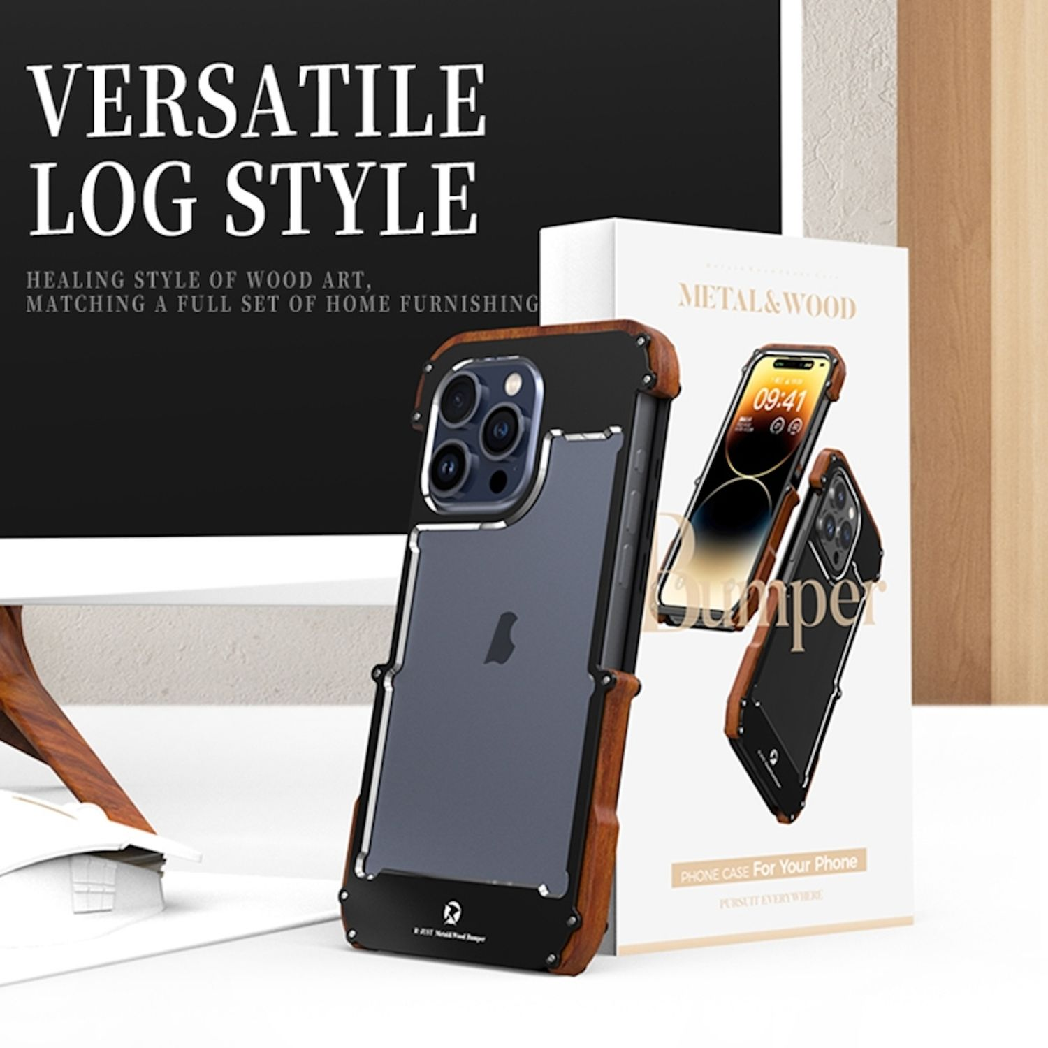 Handyhülle mit Holzakzenten und ein Telefon in einer Box. Text zeigt: Vielseitiger Holzstil.