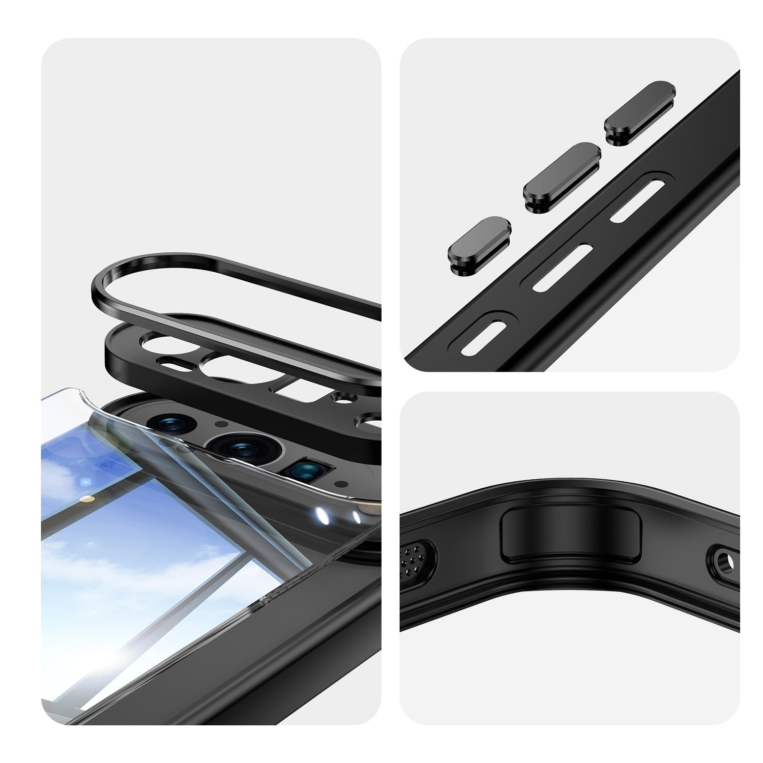Primer plano de los componentes de la funda del teléfono, que muestra capas y estructuras internas, y detalles de los botones.