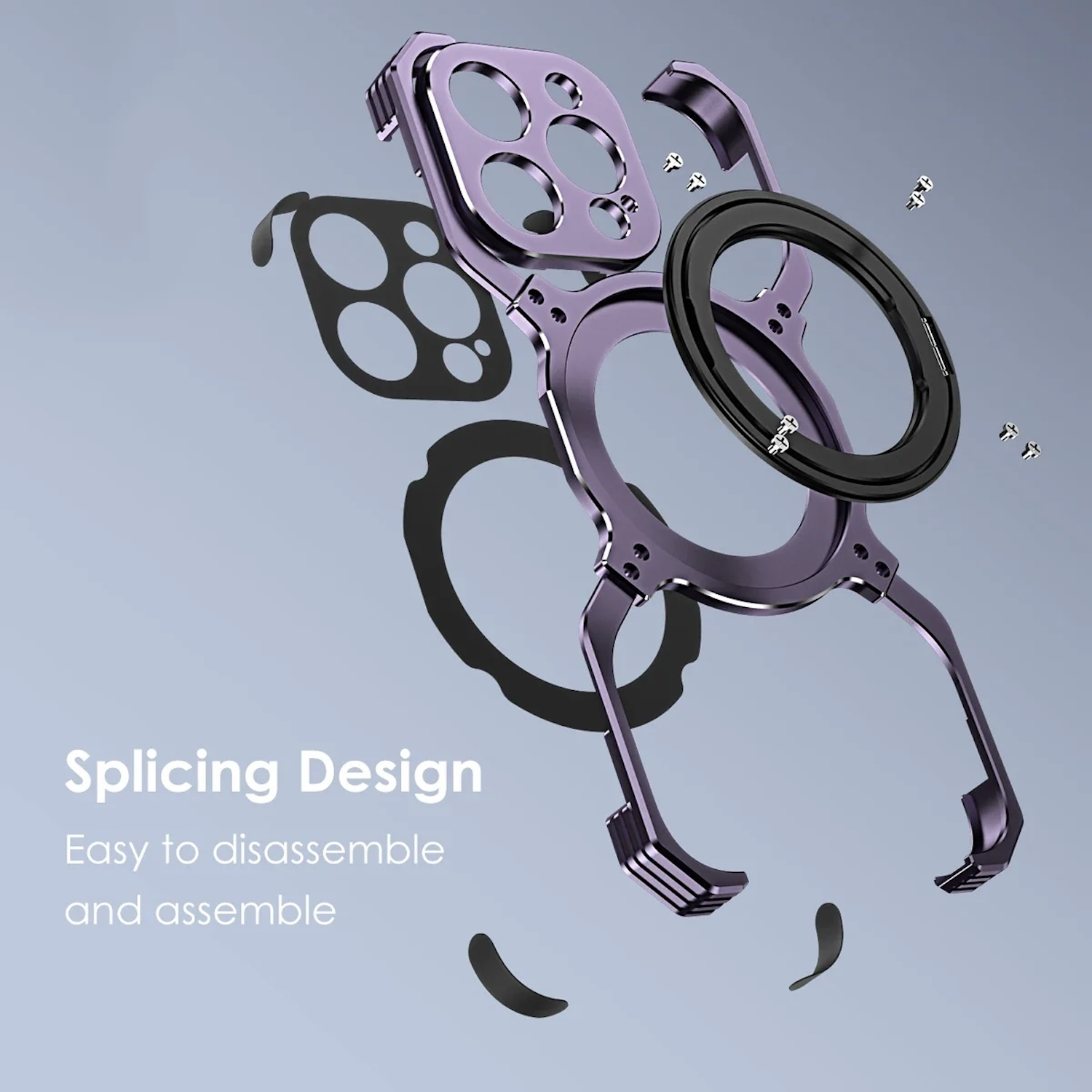 Zerlegte Handyhüllen-Komponenten in Lila, mit Text: Splicing Design.