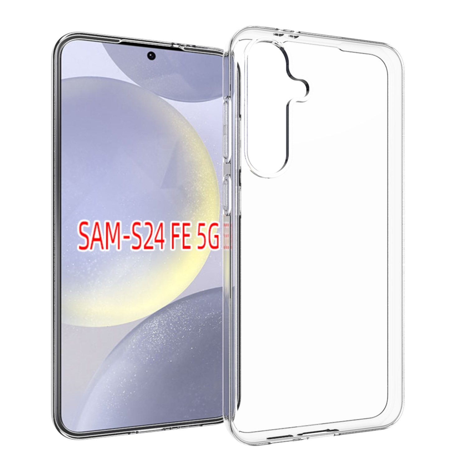 Transparente Handyhülle neben einem Telefon. Text 'SAM-S24 FE 5G' erscheint auf dem Bildschirm.