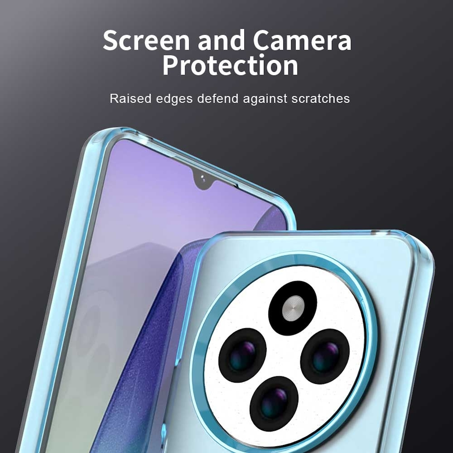 Funda de teléfono azul con protección de cámara. Texto: Protección de pantalla y cámara. Fondo: oscuro.