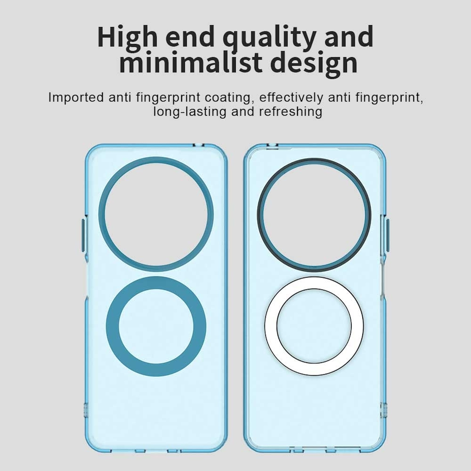 Dos fundas de teléfono azul claro con recortes para cámara. Texto: Diseño minimalista de alta gama.